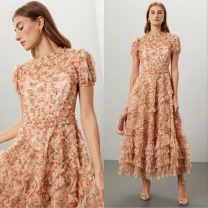 NWT MAC DUGGAL 8060  Ruffle Tiered Short Sleeve A Line Dress Beige 2